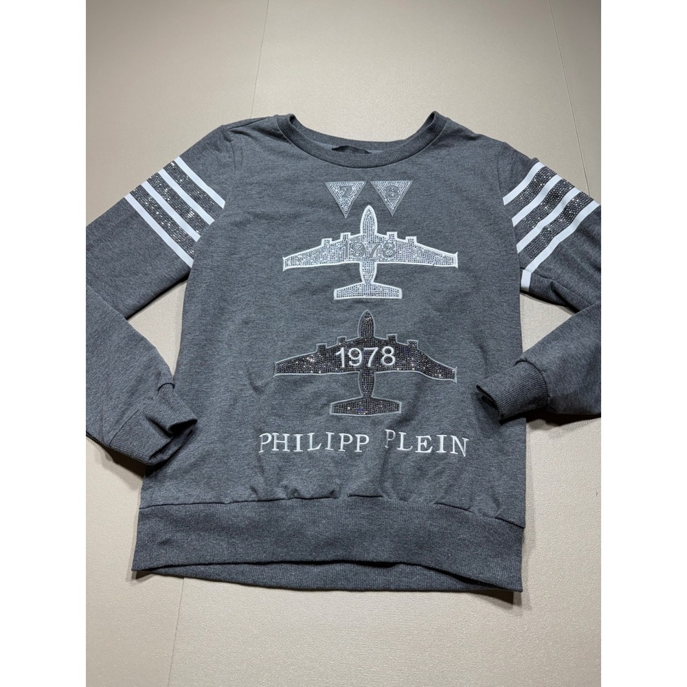 Philipp Plein Womens Rhinestone Airplane Sweatshirt Gray 1978 Long Sleeve Top